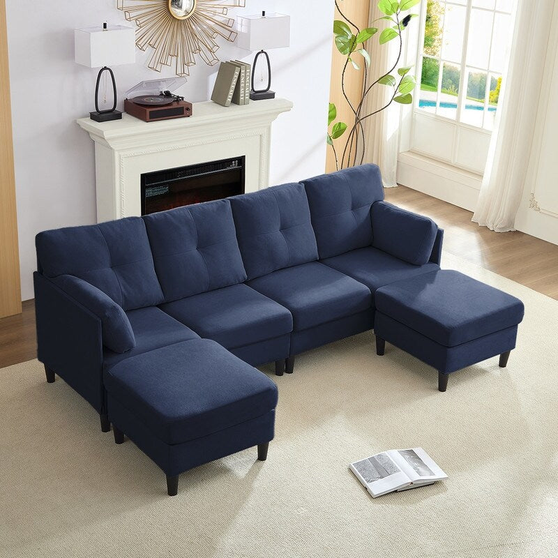 Canapé sectionnel Mixoy W87 en U, canapé convertible 4 places en velours avec poufs de rangement amovibles