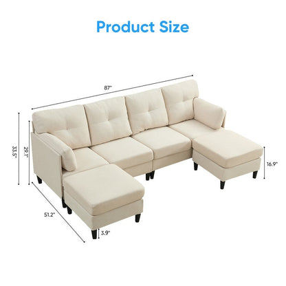 Canapé sectionnel Mixoy W87 en U, canapé convertible 4 places en velours avec poufs de rangement amovibles