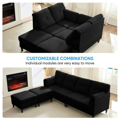 Canapé sectionnel Mixoy W87 en U, canapé convertible 4 places en velours avec poufs de rangement amovibles