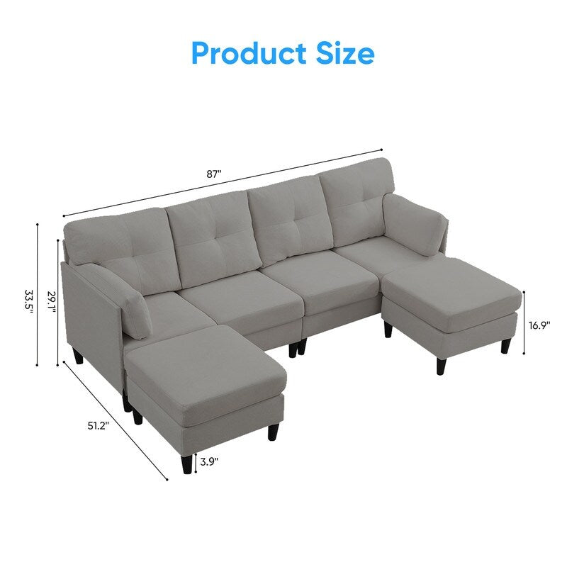 Canapé sectionnel Mixoy W87 en U, canapé convertible 4 places en velours avec poufs de rangement amovibles