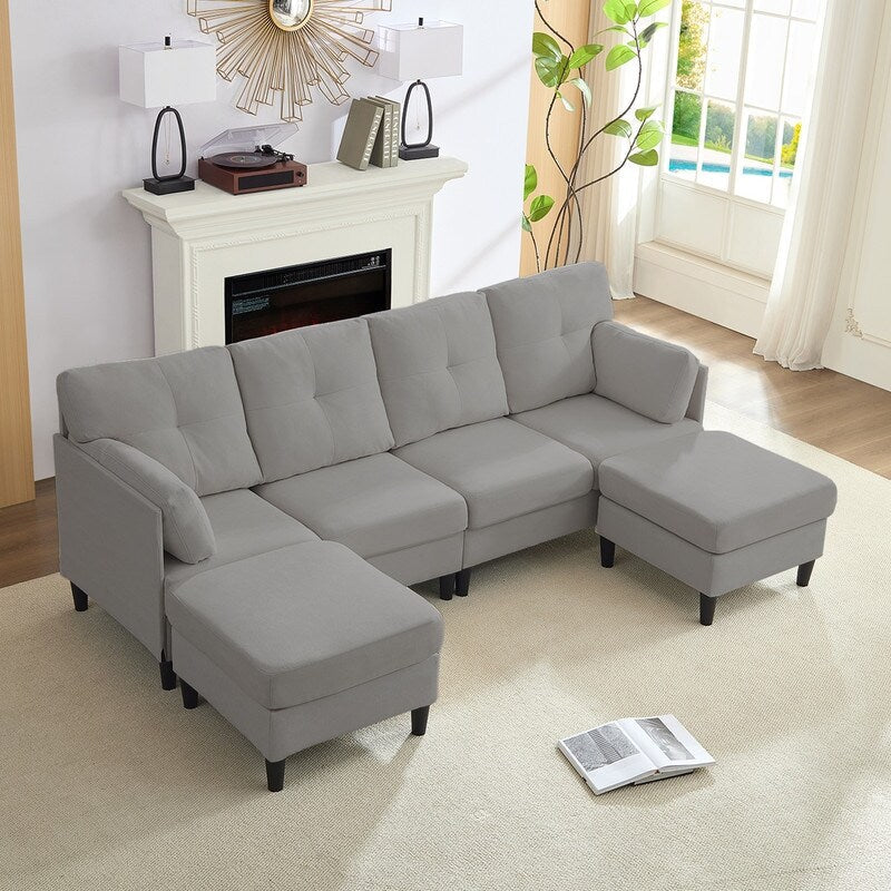 Canapé sectionnel Mixoy W87 en U, canapé convertible 4 places en velours avec poufs de rangement amovibles