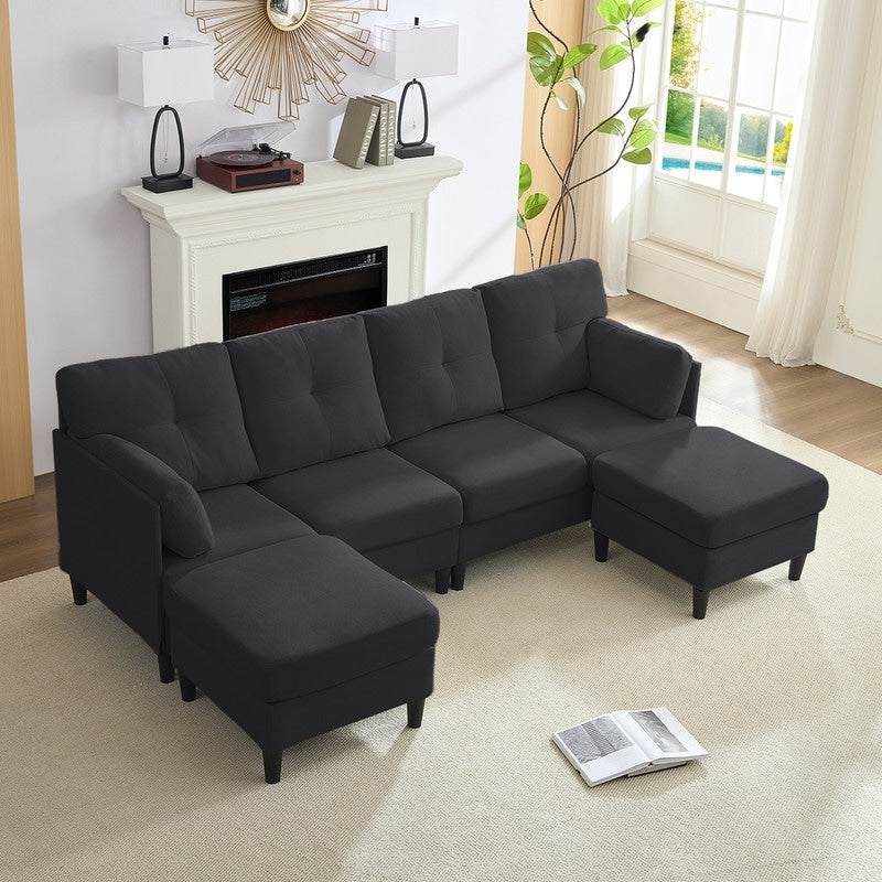 Canapé sectionnel Mixoy W87 en U, canapé convertible 4 places en velours avec poufs de rangement amovibles