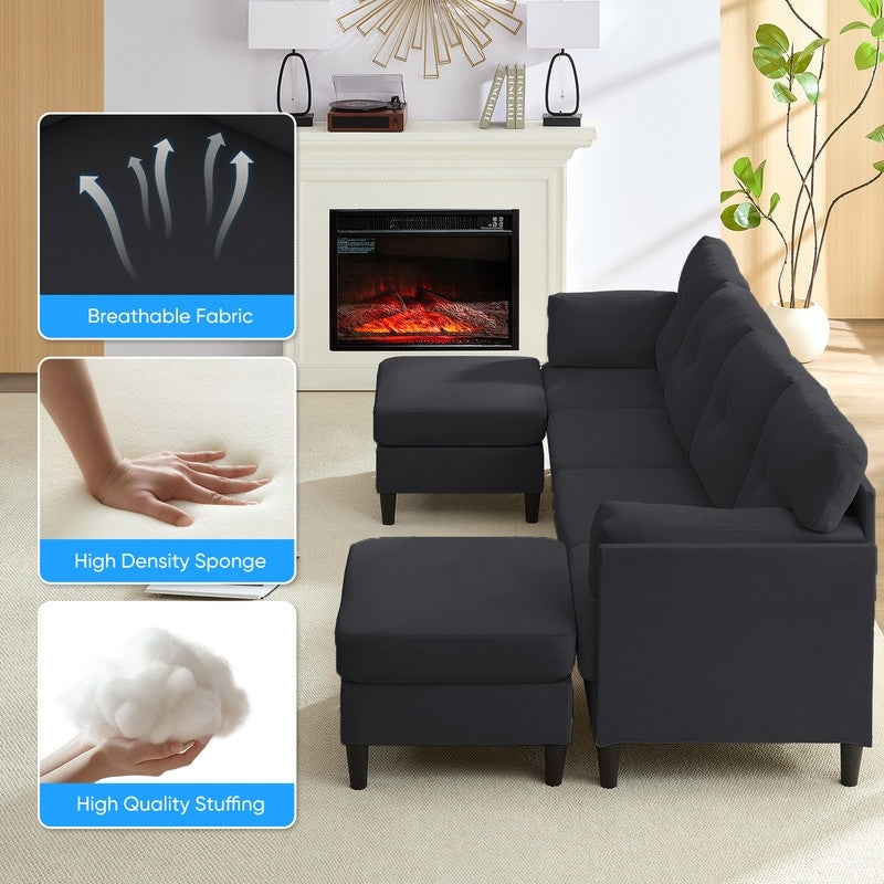 Canapé sectionnel Mixoy W87 en U, canapé convertible 4 places en velours avec poufs de rangement amovibles