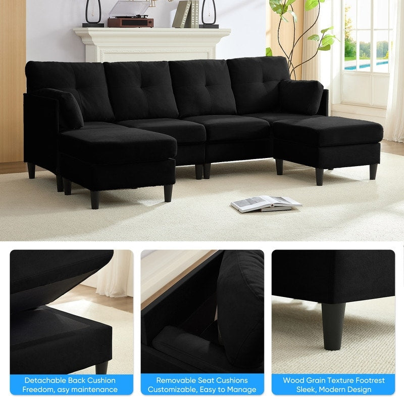 Canapé sectionnel Mixoy W87 en U, canapé convertible 4 places en velours avec poufs de rangement amovibles