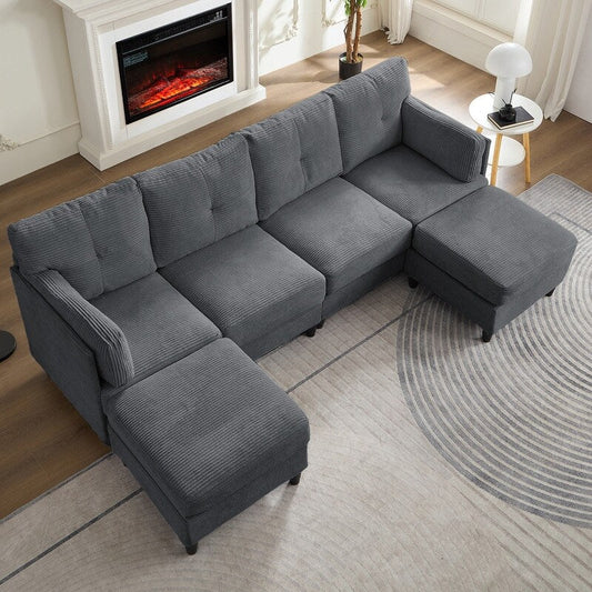 Canapé sectionnel Mixoy W89 pouces en velours côtelé avec pouf réversible, canapé 4 places rembourré