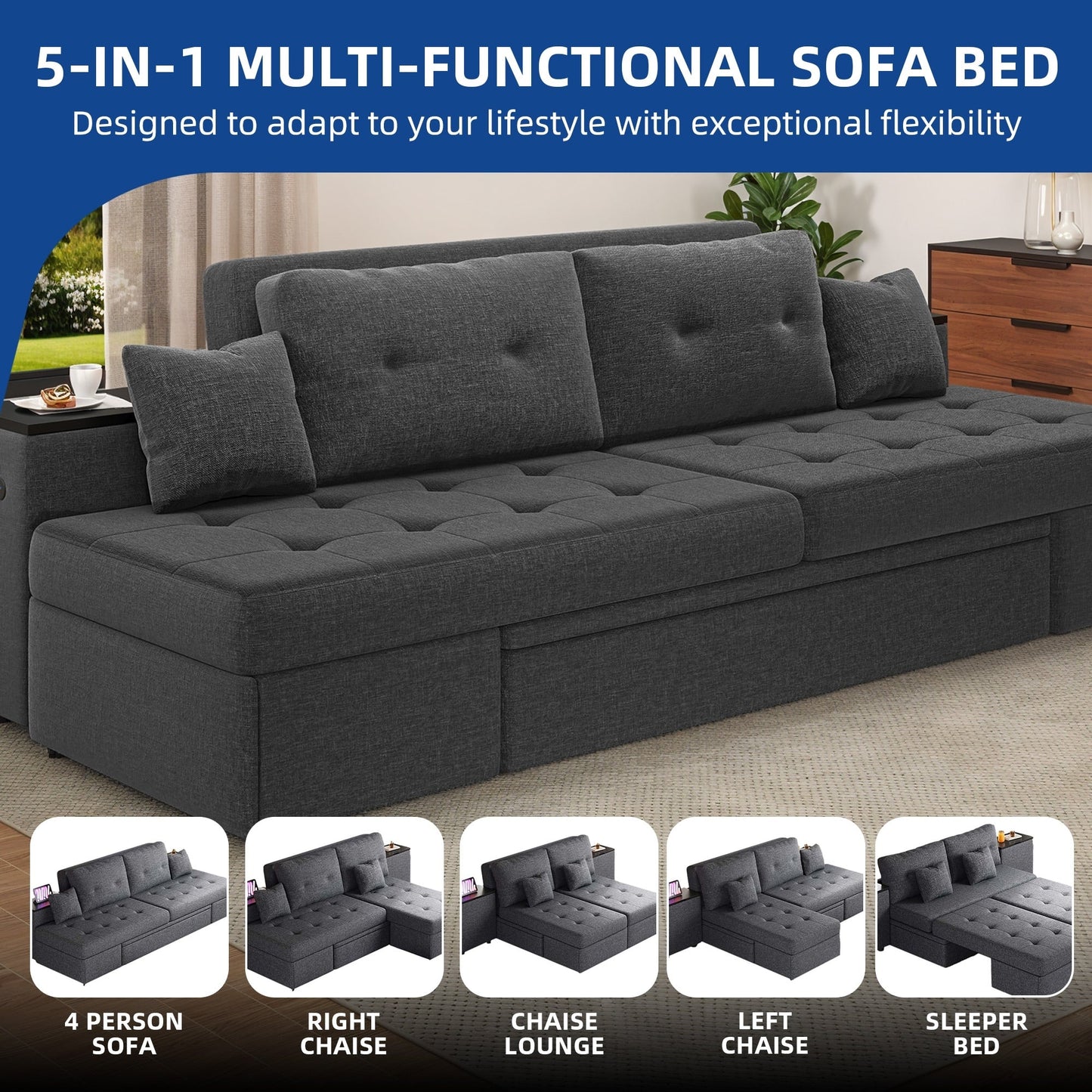 Canapé-lit multifonctionnel 5 en 1 Moasis, canapé pliant moderne
