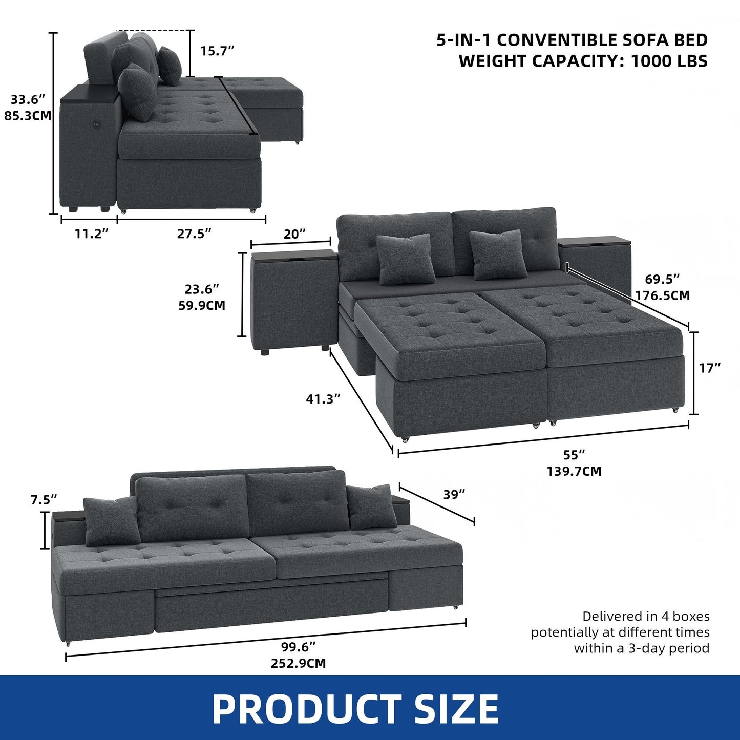 Canapé-lit multifonctionnel 5 en 1 Moasis, canapé pliant moderne