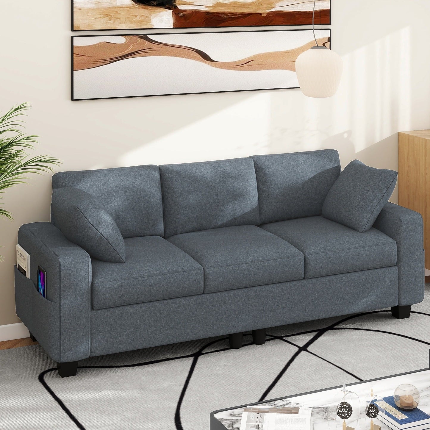 Canapé 3 places rembourré Moasis 80 avec 2 coussins et poches latérales pour le salon