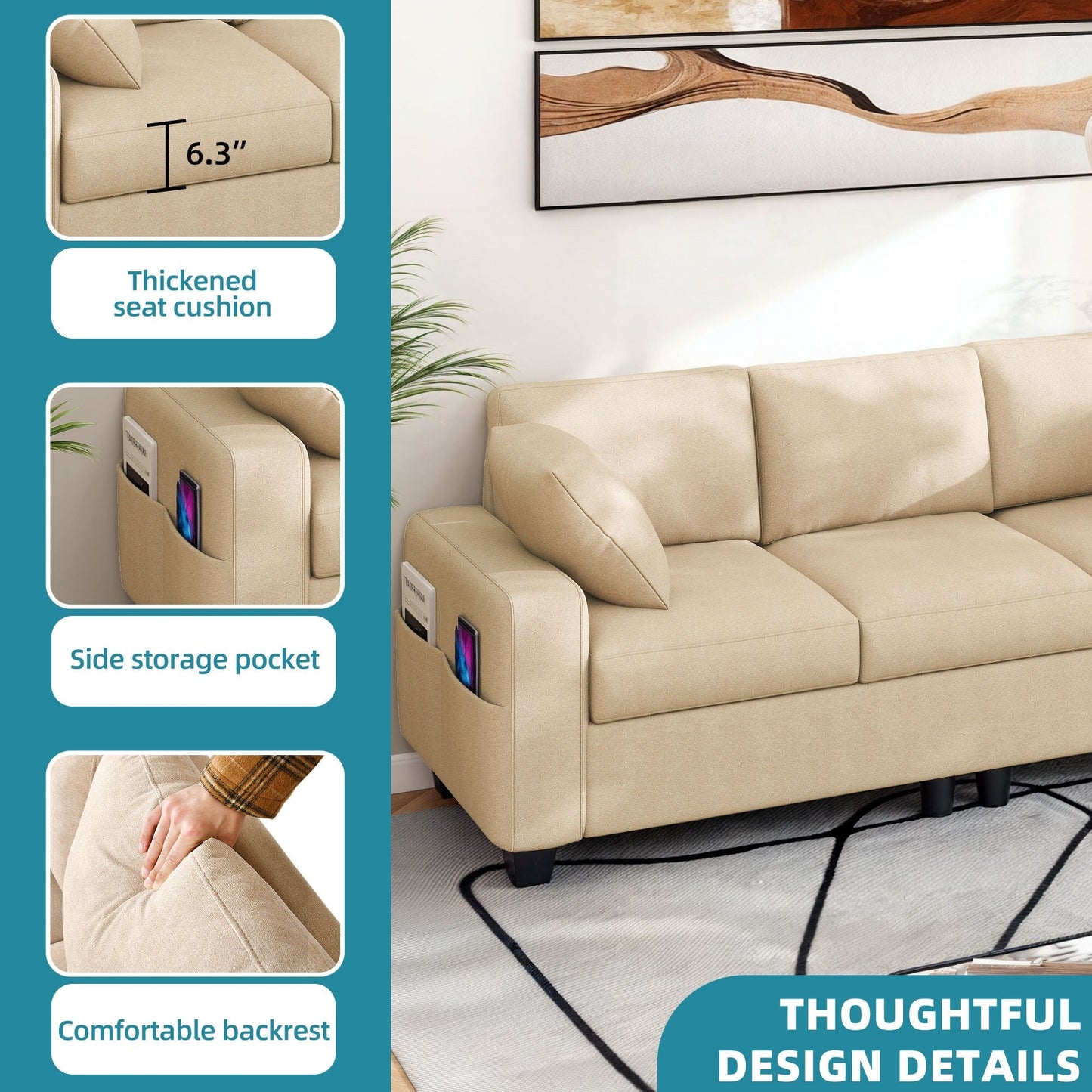 Canapé 3 places rembourré Moasis 80 avec 2 coussins et poches latérales pour le salon