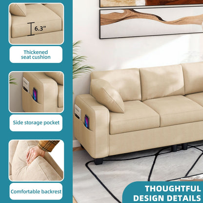 Canapé 3 places rembourré Moasis 80 avec 2 coussins et poches latérales pour le salon