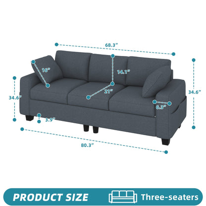 Canapé 3 places rembourré Moasis 80 avec 2 coussins et poches latérales pour le salon