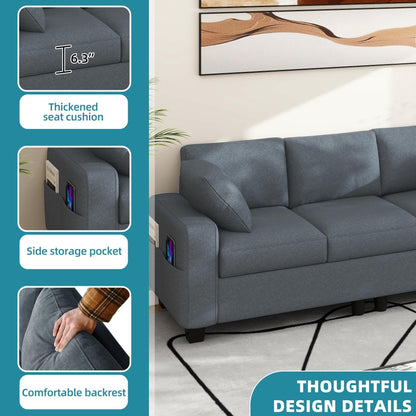 Canapé 3 places rembourré Moasis 80 avec 2 coussins et poches latérales pour le salon