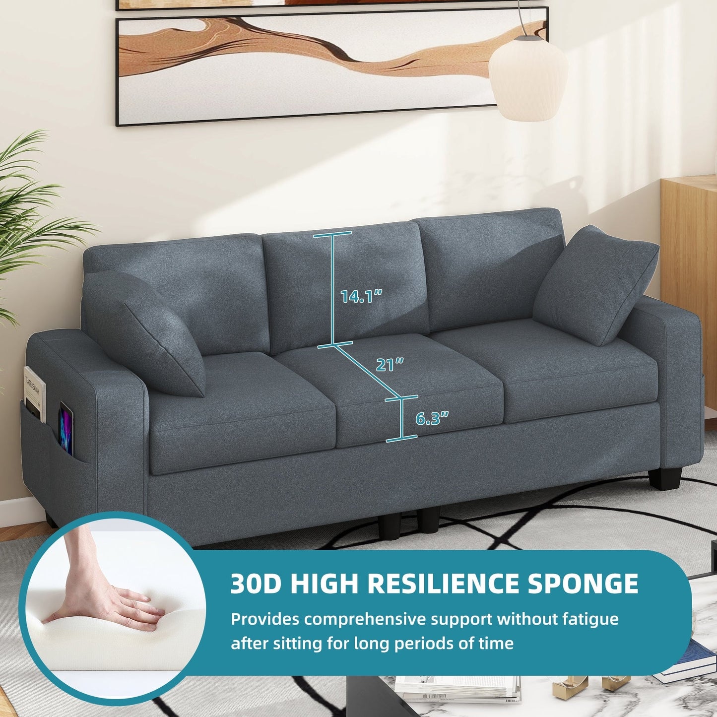 Canapé 3 places rembourré Moasis 80 avec 2 coussins et poches latérales pour le salon