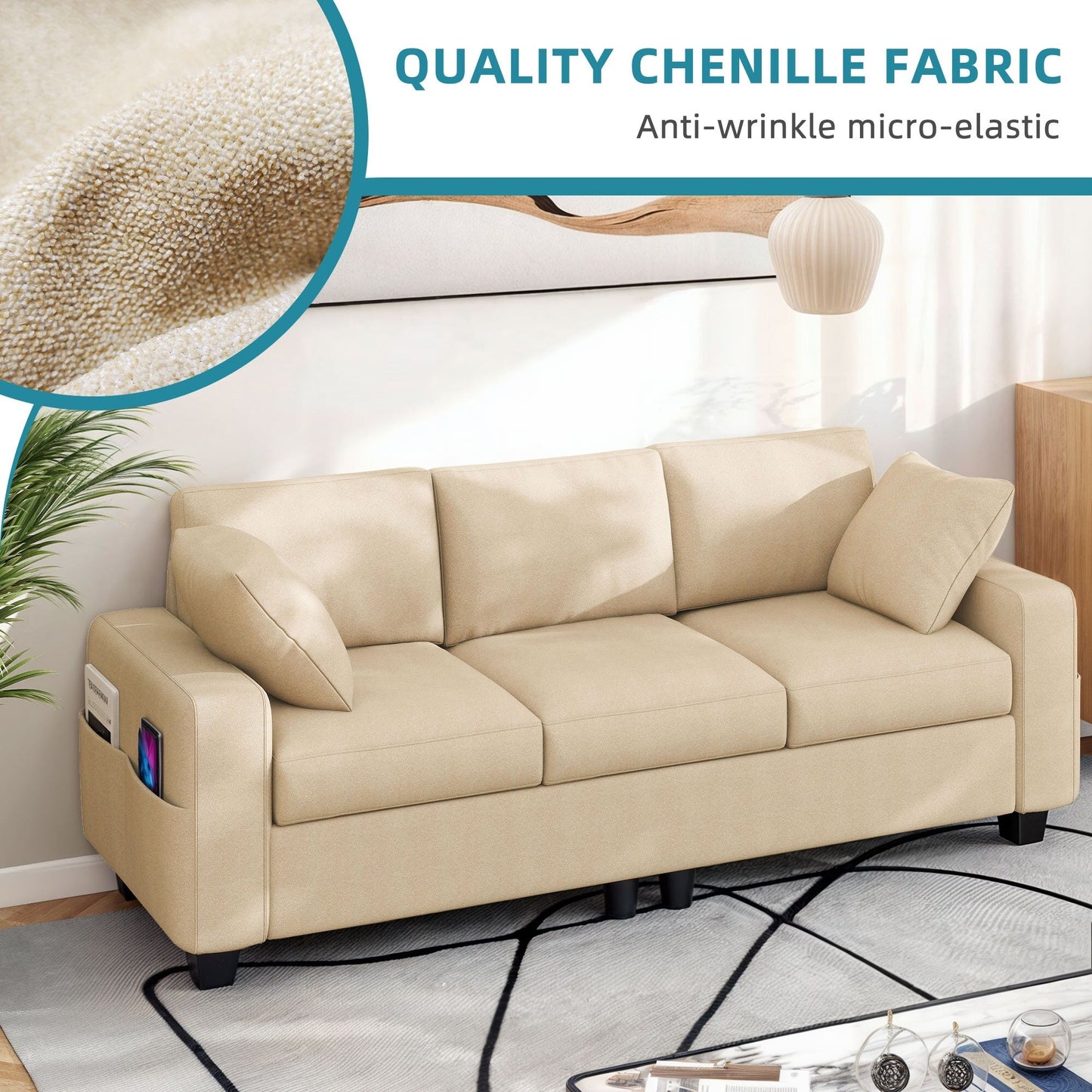 Canapé 3 places rembourré Moasis 80 avec 2 coussins et poches latérales pour le salon