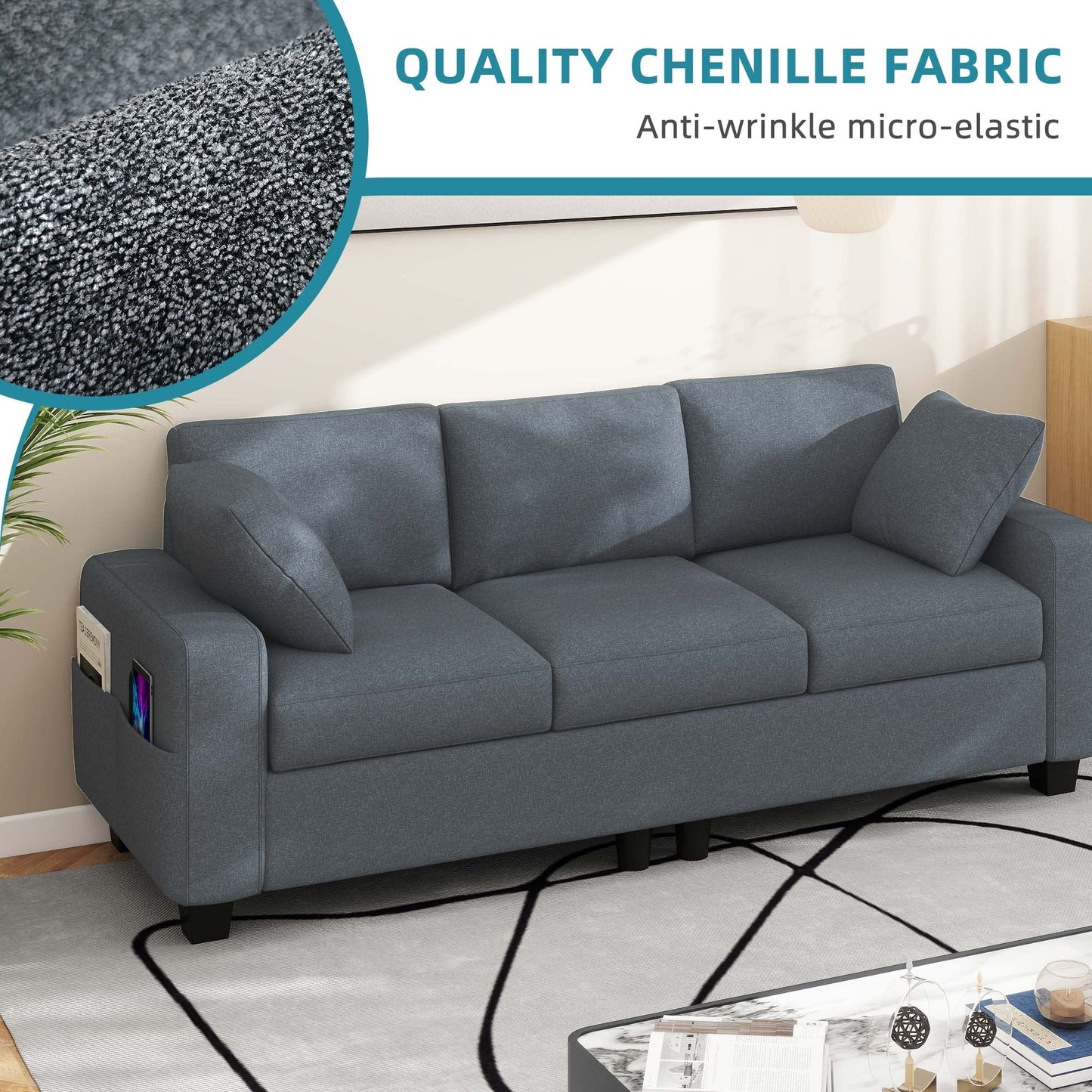 Canapé 3 places rembourré Moasis 80 avec 2 coussins et poches latérales pour le salon