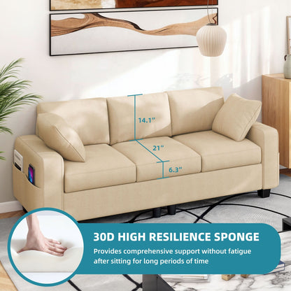 Canapé 3 places rembourré Moasis 80 avec 2 coussins et poches latérales pour le salon