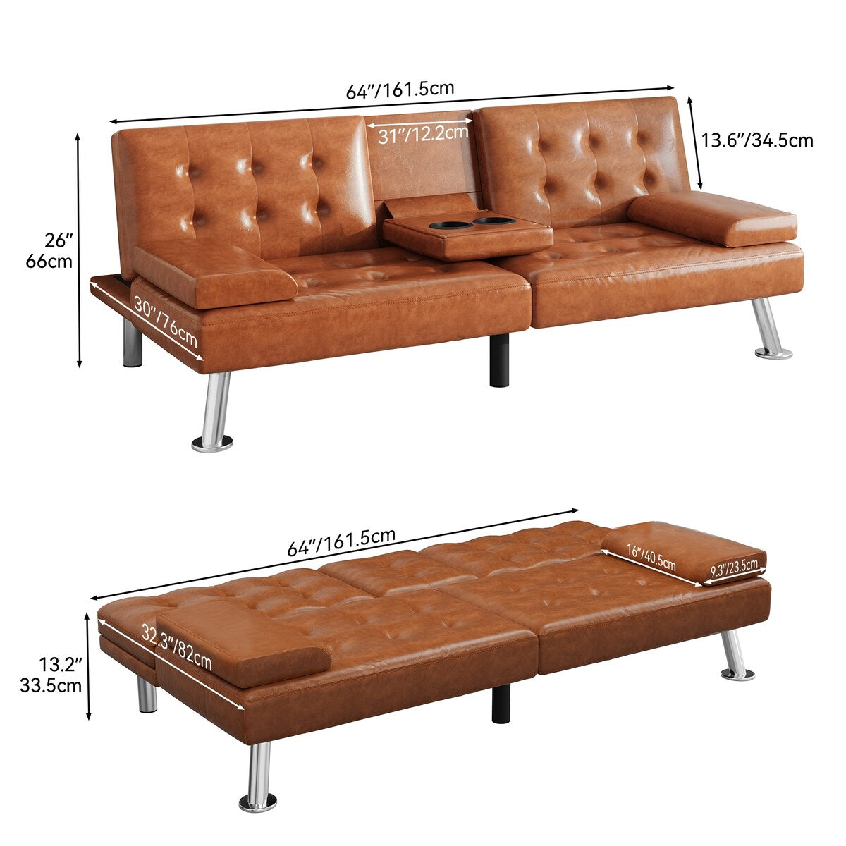 Canapé-lit futon pliable en similicuir Moasis - 64 L x 30 l x 26 H