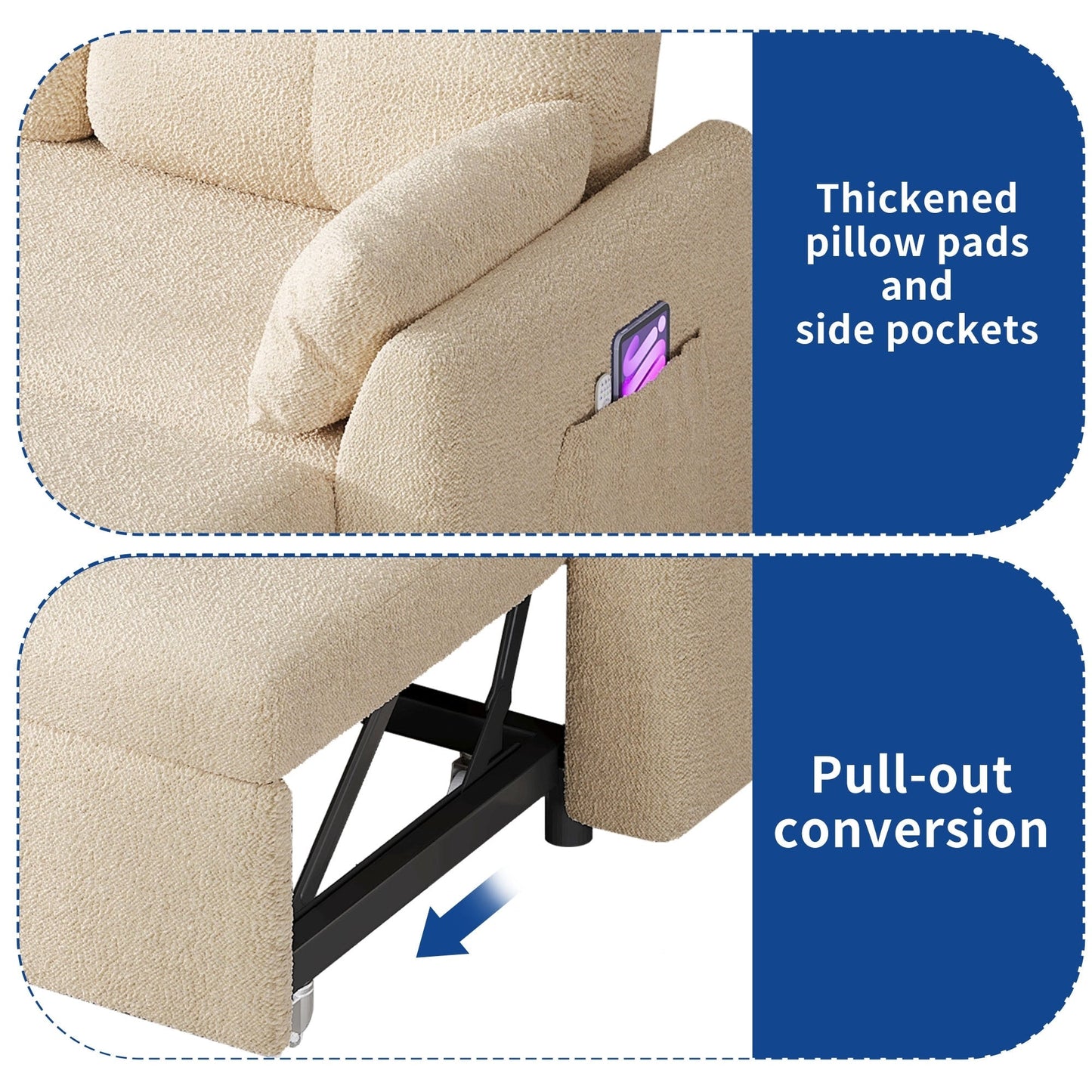 Canapé-lit sectionnel réversible 3 places en forme de L Moasis avec rangement et coussins