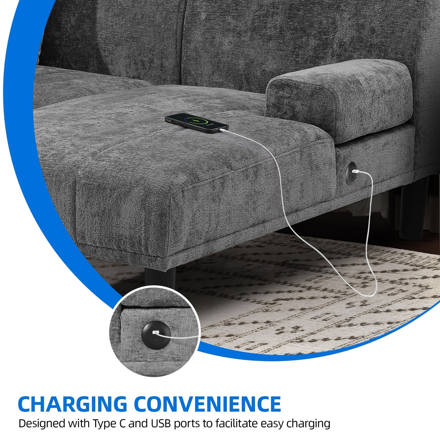 Canapés sectionnels Moasis en U, canapé modulaire moderne en chenille - 45,6 L x 106,3 L x 26,7 H