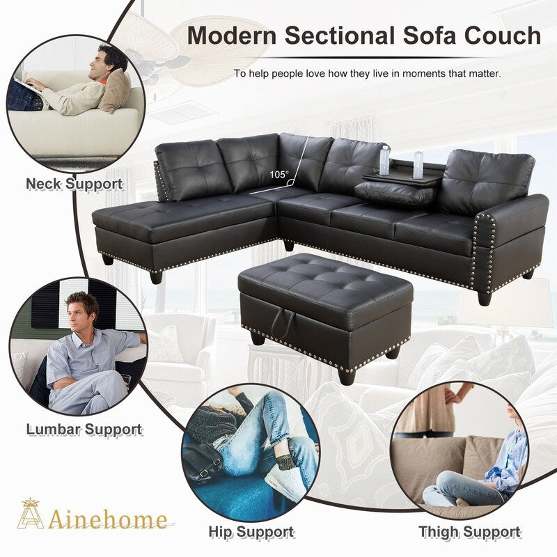 Ensemble de canapés modernes 3 pièces en similicuir noir et synthétique : un style élégant pour les salons