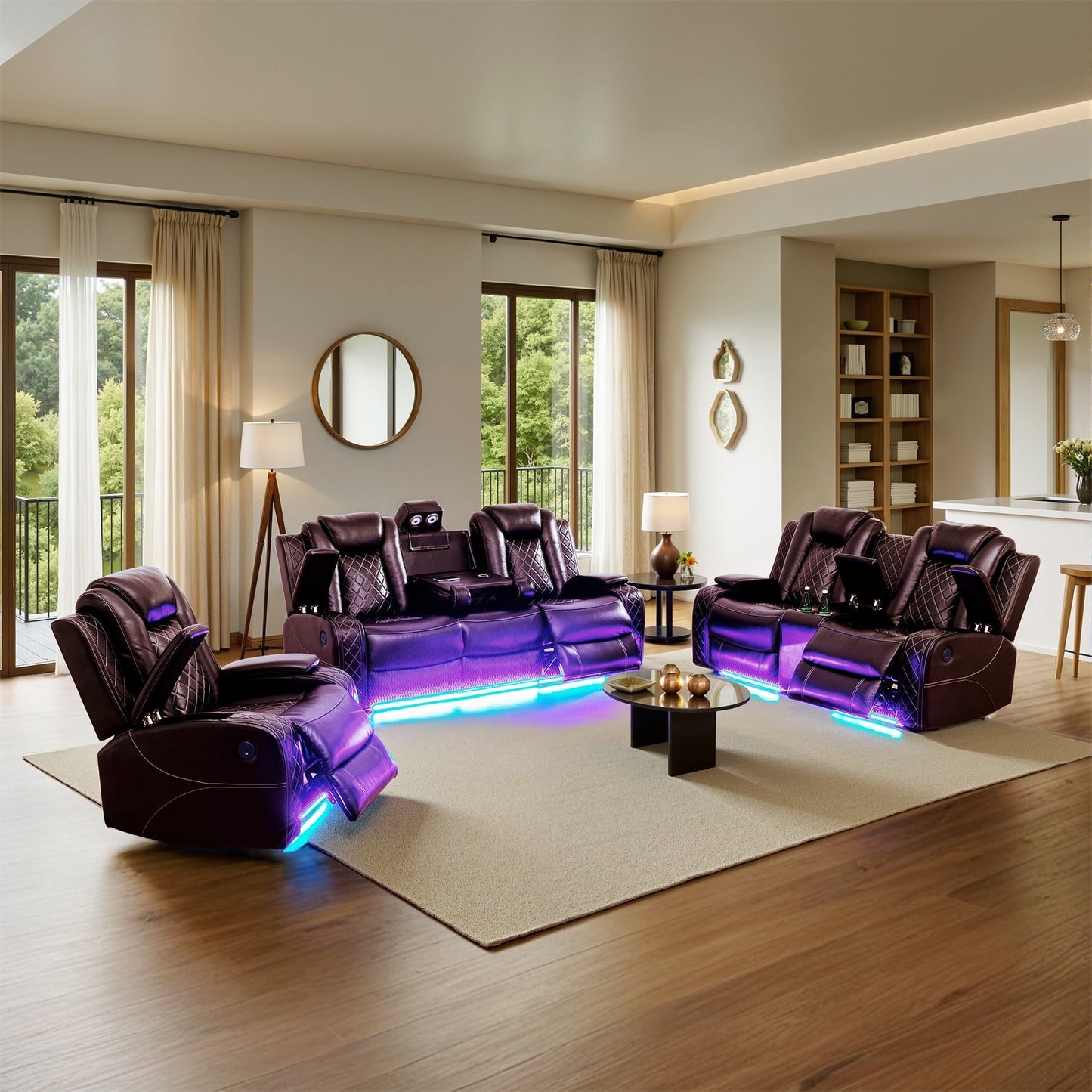 Ensemble de canapés inclinables modernes en cuir 3 pièces avec LED et chargement sans fil