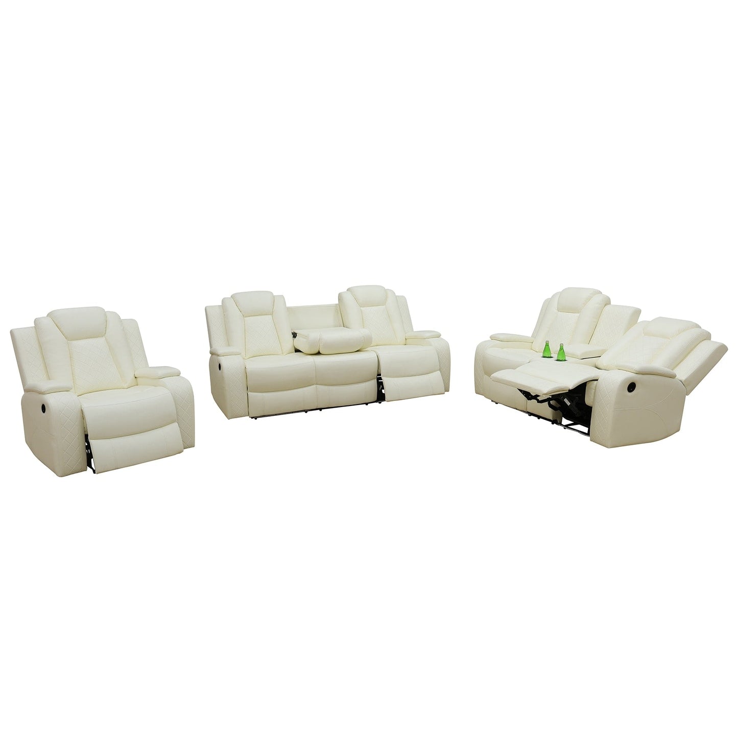 Ensemble de canapés inclinables modernes en cuir 3 pièces avec LED et chargement sans fil