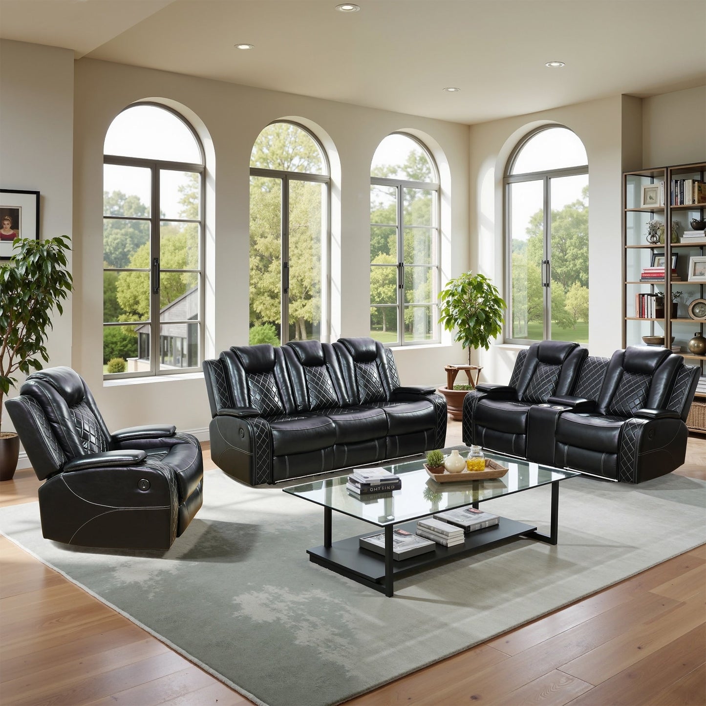 Ensemble de canapés inclinables modernes en cuir 3 pièces avec LED et chargement sans fil