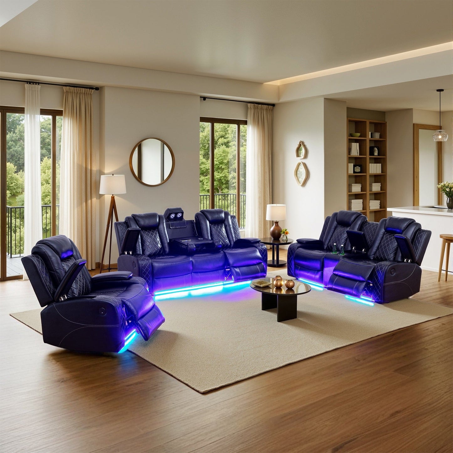 Ensemble de canapés inclinables modernes en cuir 3 pièces avec LED et chargement sans fil