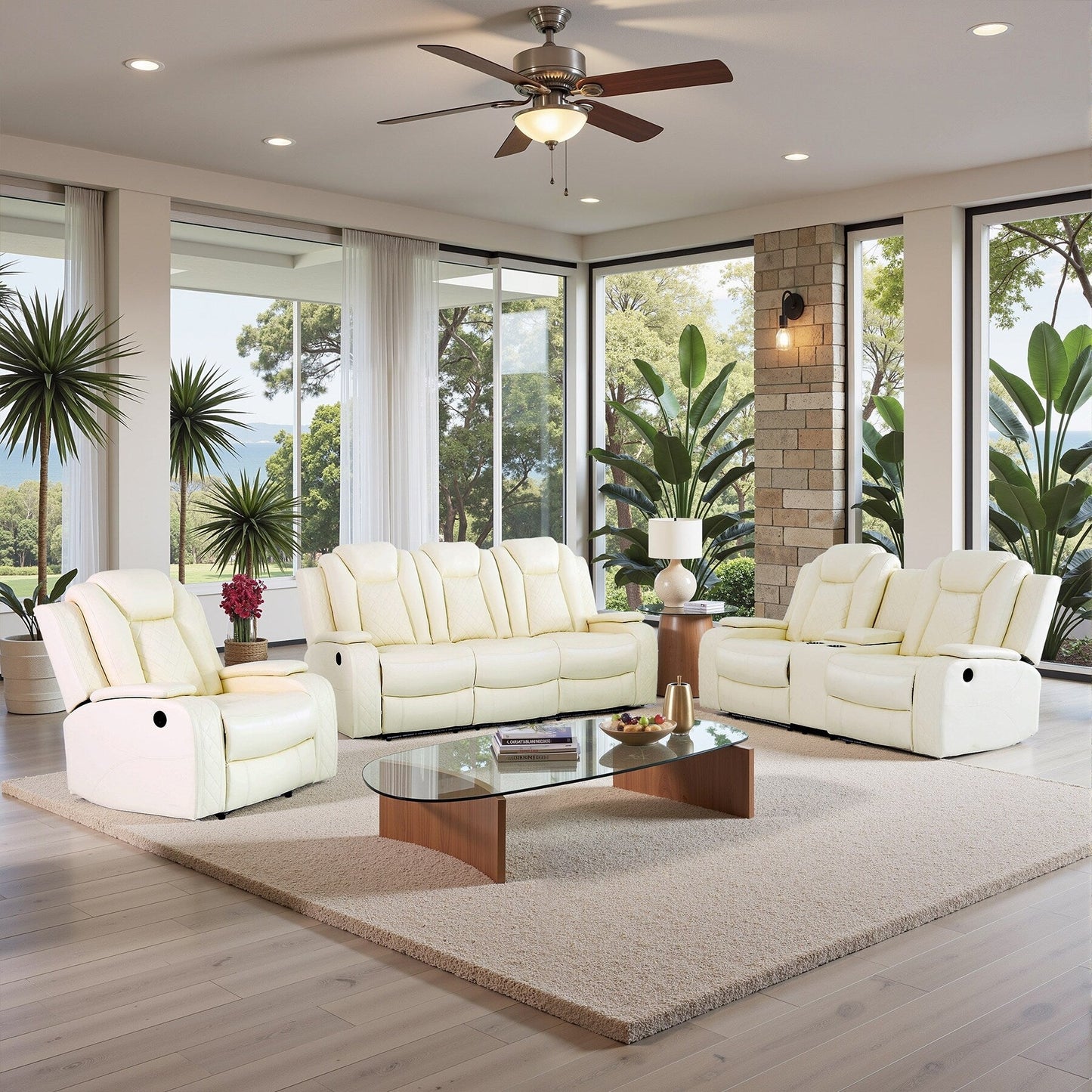 Ensemble de canapés inclinables modernes en cuir 3 pièces avec LED et chargement sans fil