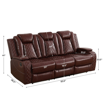 Ensemble de canapés inclinables modernes en cuir 3 pièces avec LED et chargement sans fil