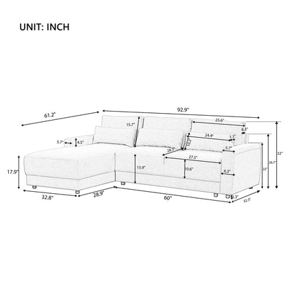 Canapé sectionnel moderne 3 places en L avec revêtement en lin, coussins amovibles et coussins lombaires pour salon ou bureau