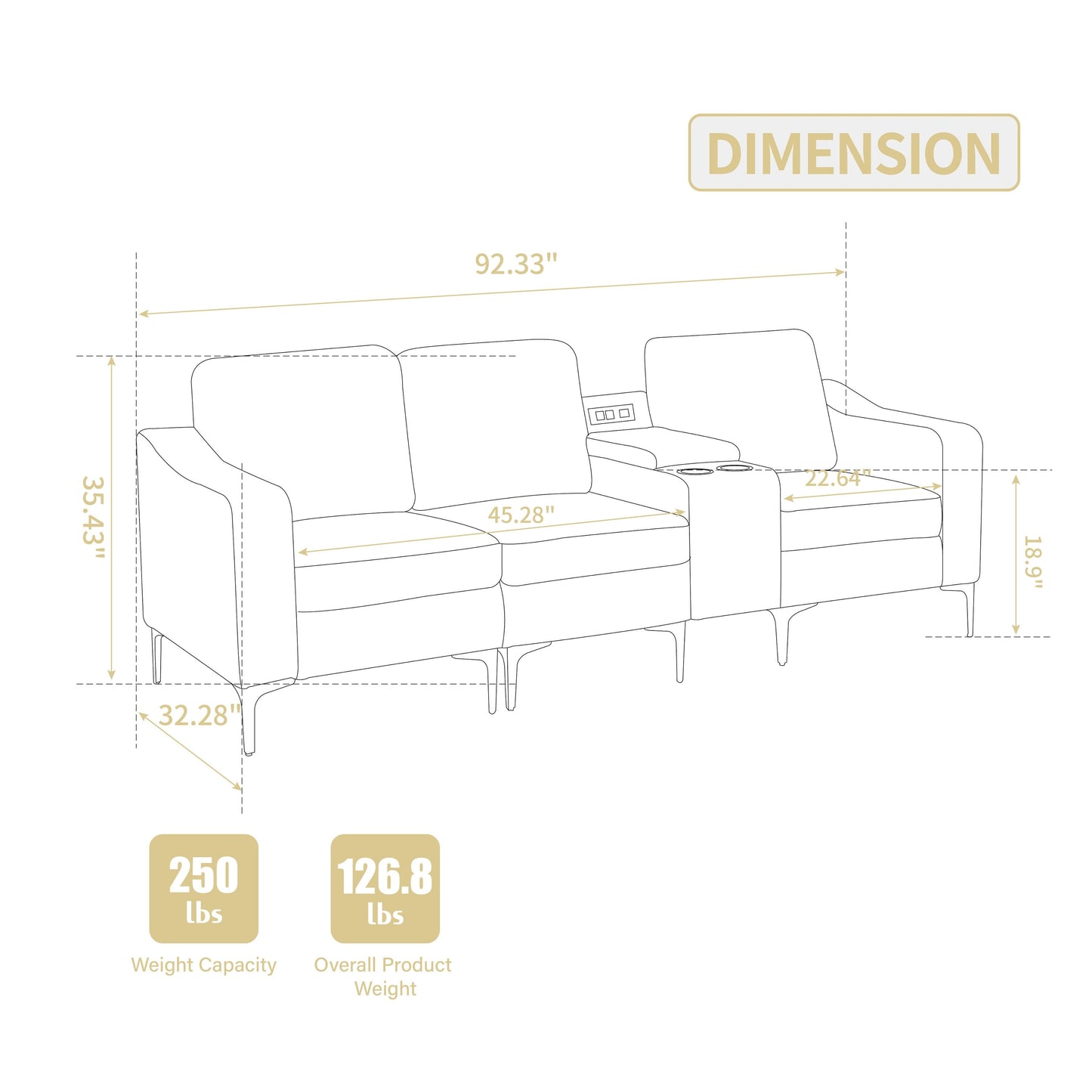 Canapé modulable moderne 3 places en velours côtelé avec ports USB et porte-gobelets pour salon et appartement
