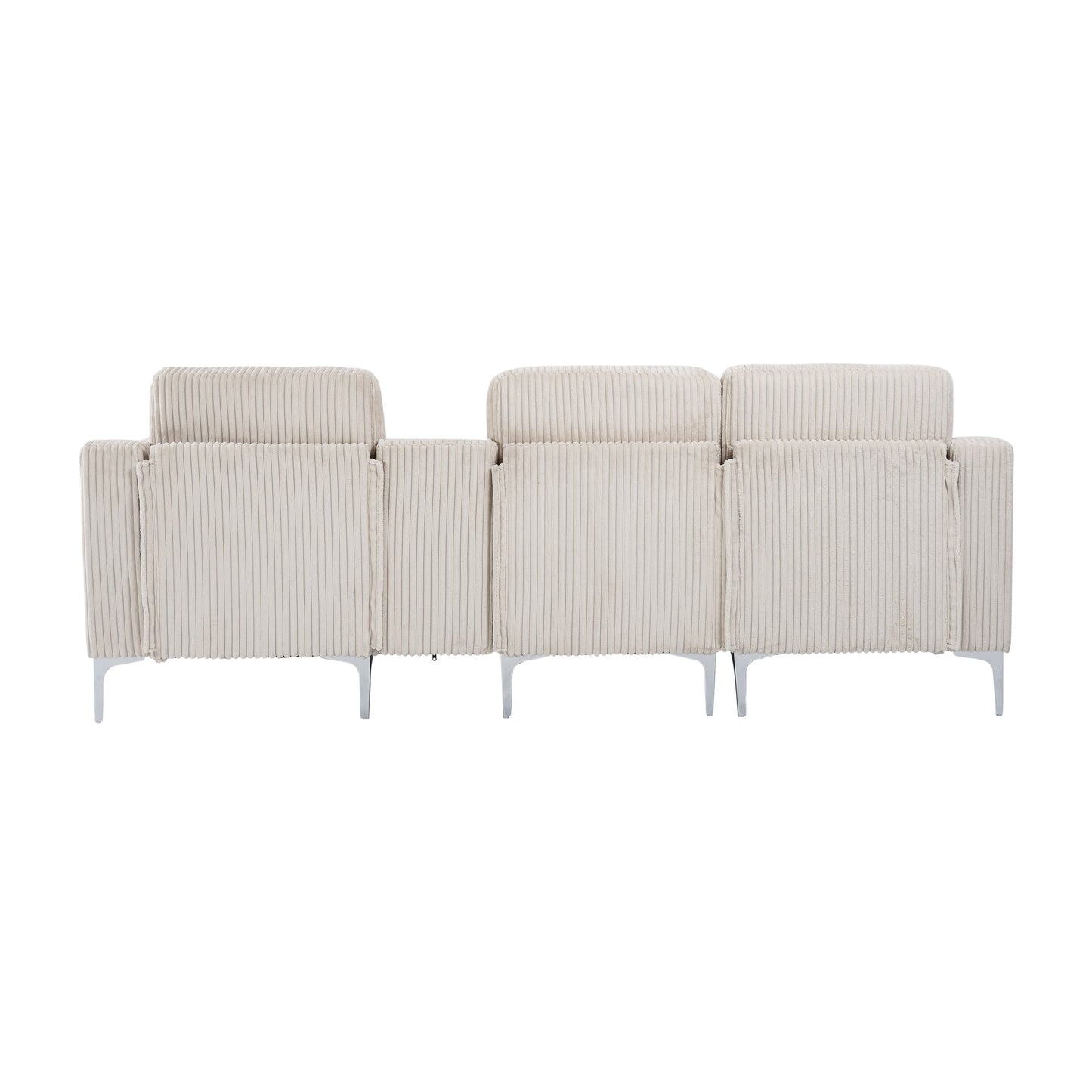 Canapé modulable moderne 3 places en velours côtelé avec ports USB et porte-gobelets pour salon et appartement