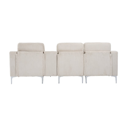 Canapé modulable moderne 3 places en velours côtelé avec ports USB et porte-gobelets pour salon et appartement