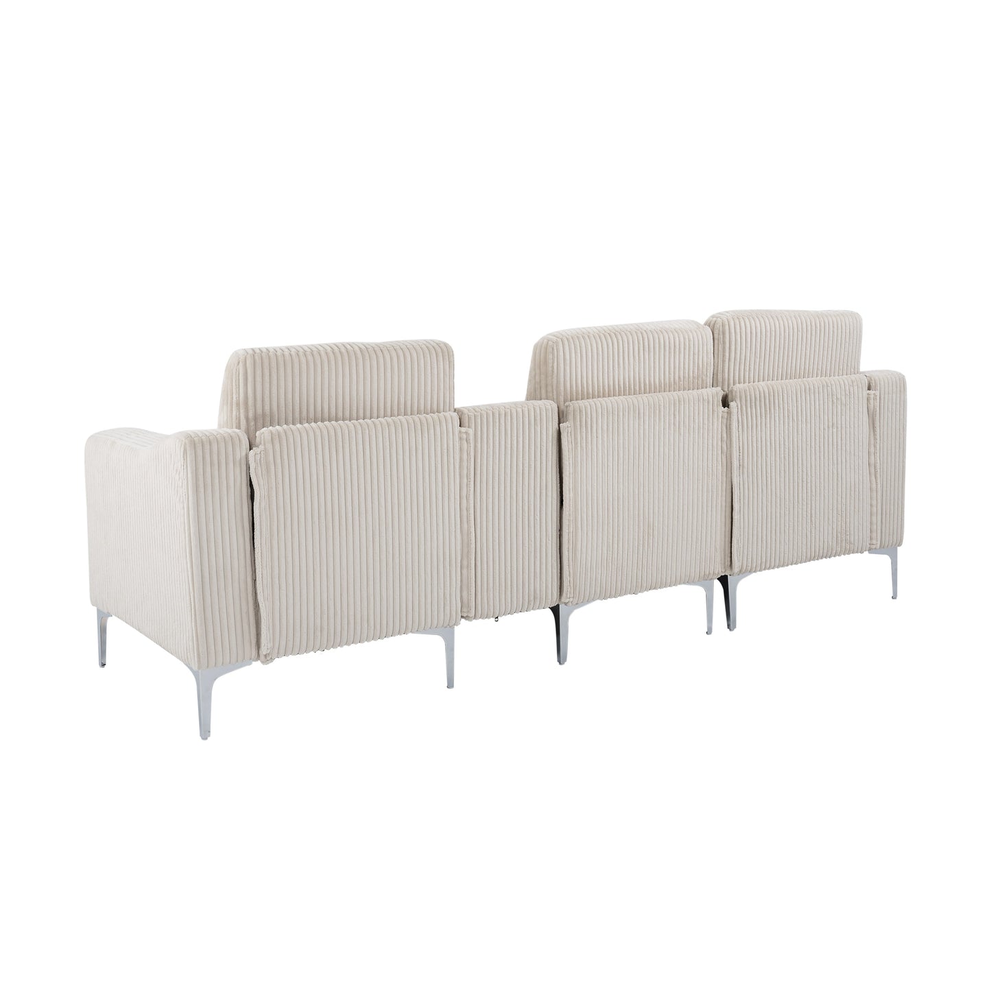 Canapé modulable moderne 3 places en velours côtelé avec ports USB et porte-gobelets pour salon et appartement