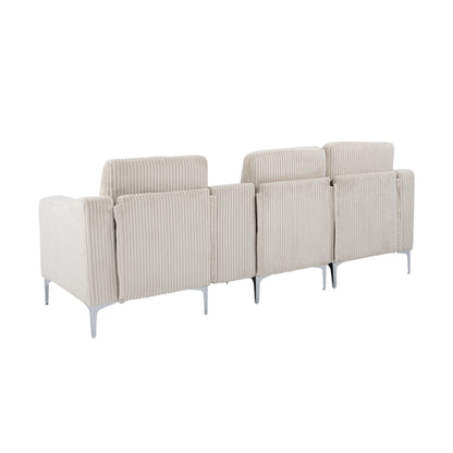 Canapé modulable moderne 3 places en velours côtelé avec ports USB et porte-gobelets pour salon et appartement