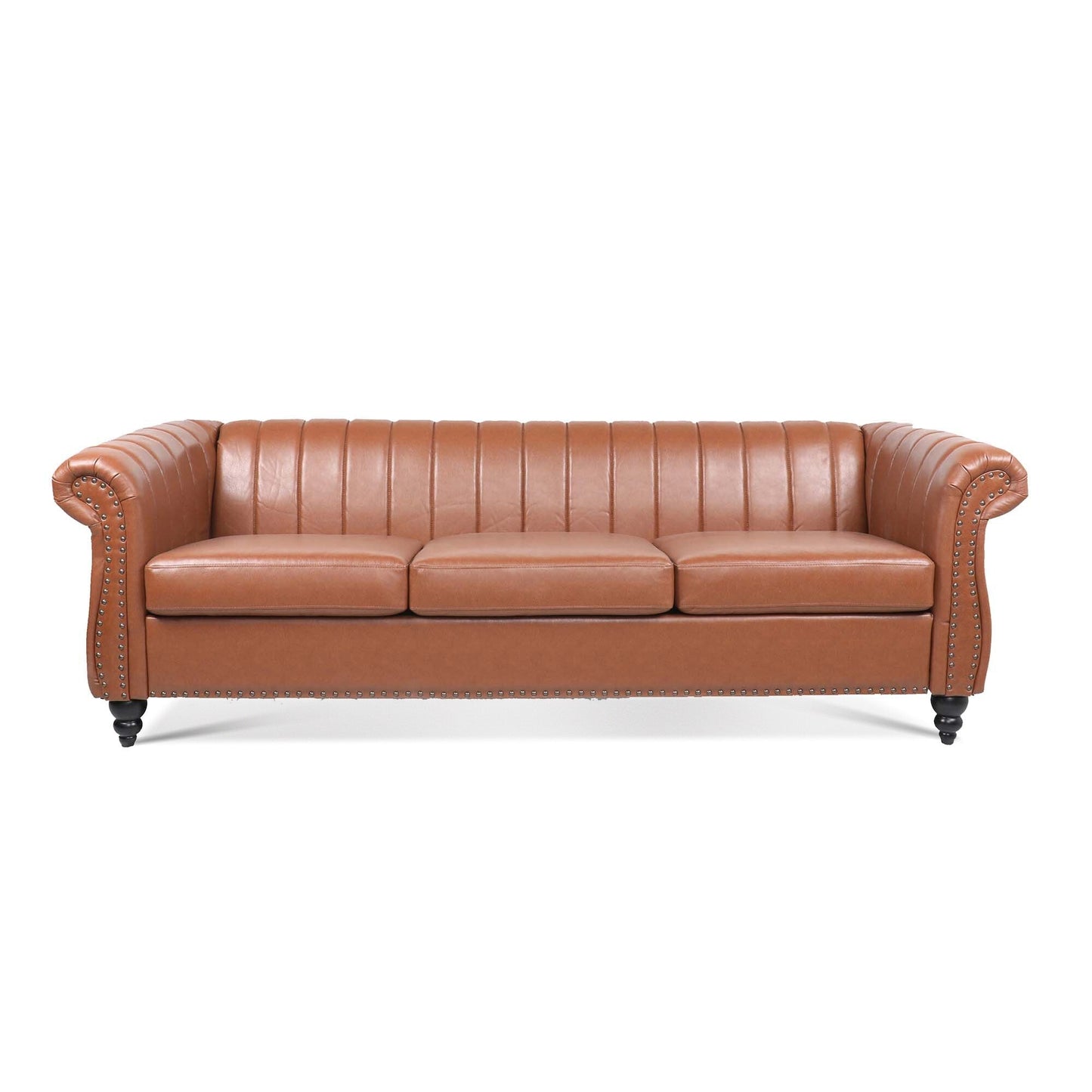 Canapé Chesterfield moderne 3 places rembourré, accoudoirs roulés en cuir PU 83,46 pouces, pour salon et appartement