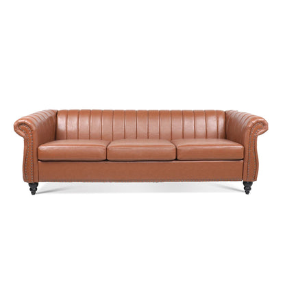 Canapé Chesterfield moderne 3 places rembourré, accoudoirs roulés en cuir PU 83,46 pouces, pour salon et appartement