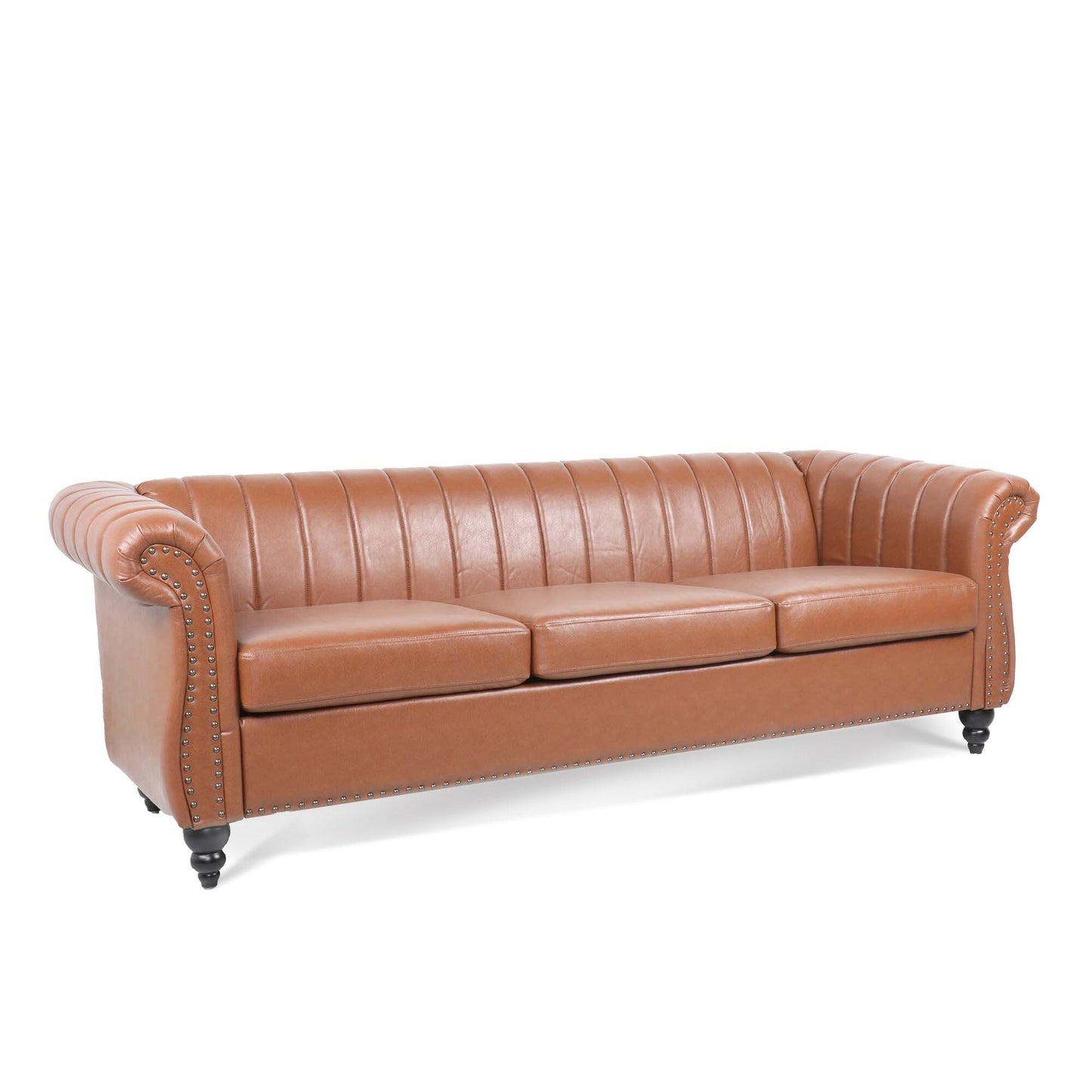Canapé Chesterfield moderne 3 places rembourré, accoudoirs roulés en cuir PU 83,46 pouces, pour salon et appartement