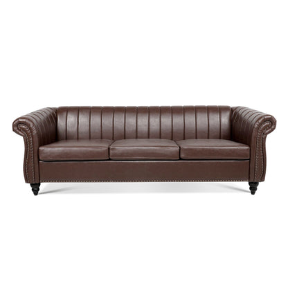 Canapé Chesterfield moderne 3 places rembourré, accoudoirs roulés en cuir PU 83,46 pouces, pour salon et appartement