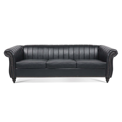 Canapé Chesterfield moderne 3 places rembourré, accoudoirs roulés en cuir PU 83,46 pouces, pour salon et appartement