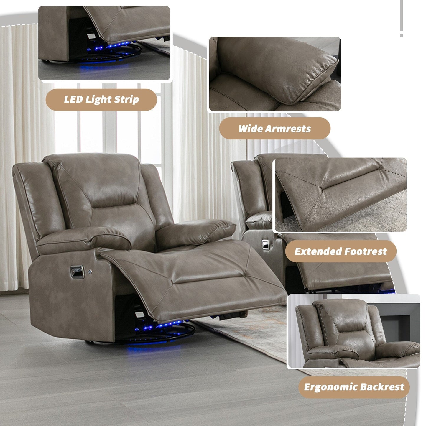Fauteuil inclinable manuel pivotant à 360° moderne, fauteuil inclinable home cinéma avec bande lumineuse LED, canapé simple inclinable manuel