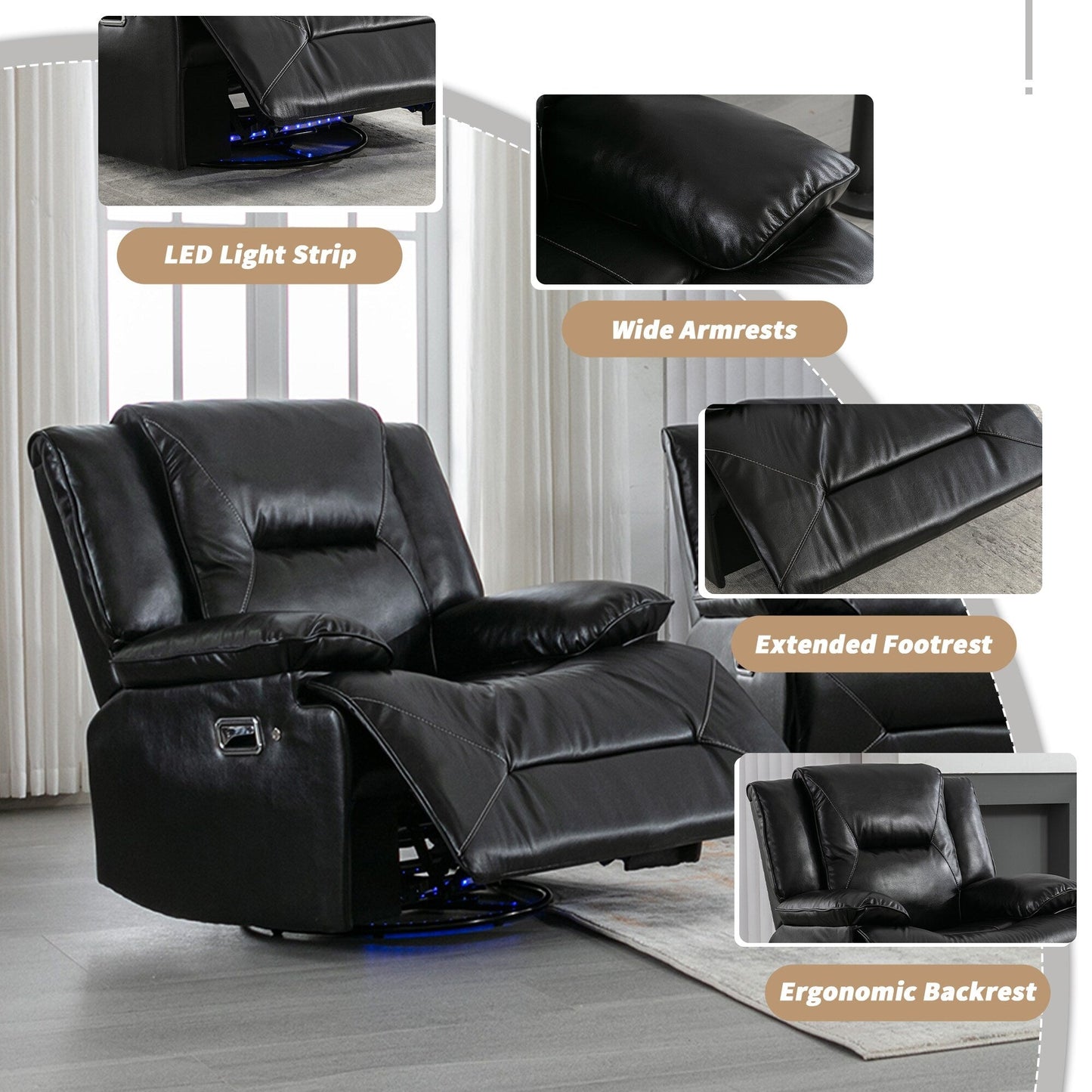 Fauteuil inclinable manuel pivotant à 360° moderne, fauteuil inclinable home cinéma avec bande lumineuse LED, canapé simple inclinable manuel