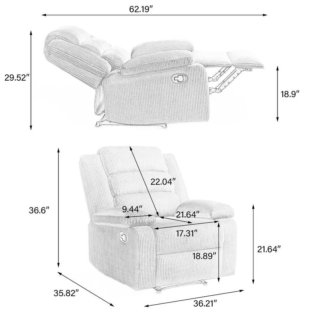Fauteuil inclinable manuel moderne en coton/velours côtelé de 91 cm de large