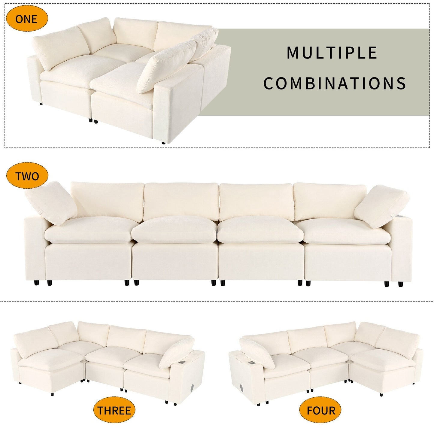 Canapé sectionnel moderne 4 places, rembourré et modulaire, avec haut-parleurs Bluetooth, chargement sans fil et ports USB