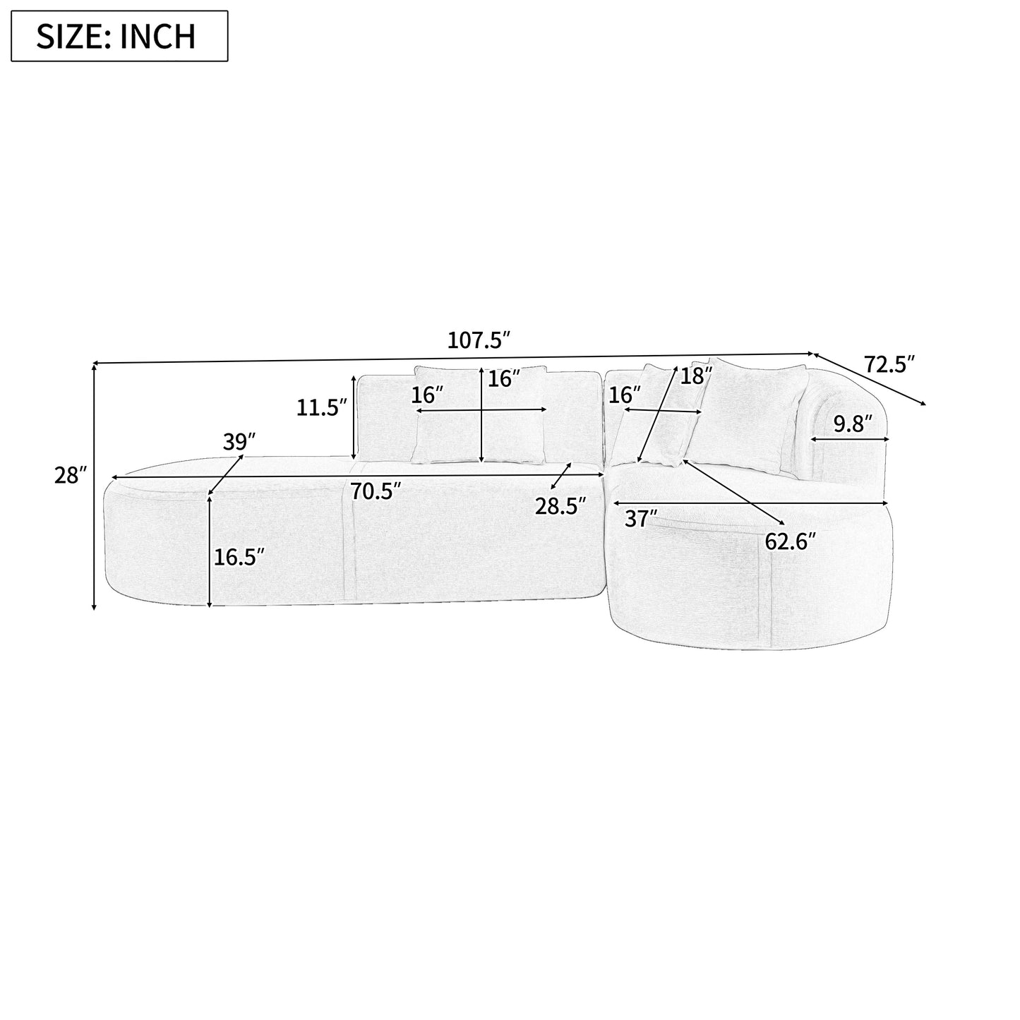 Canapé sectionnel incurvé moderne 4 places avec 4 coussins moelleux pour salon et chambre à coucher