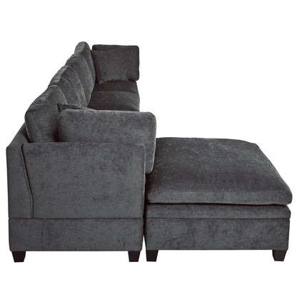 Canapé sectionnel moderne 5 places en U avec pouf de rangement et porte-gobelets dissimulés pour salon d'appartement