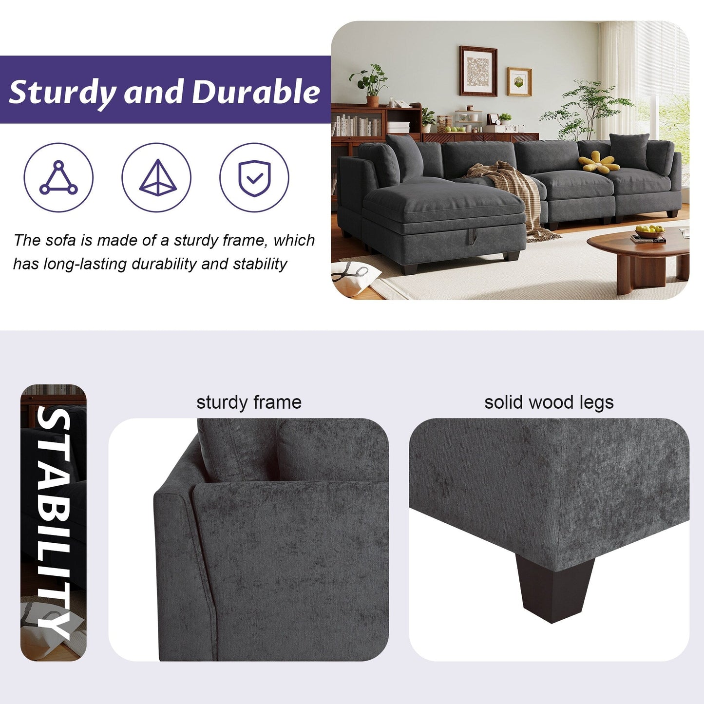 Canapé sectionnel moderne 5 places en U avec pouf de rangement et porte-gobelets dissimulés pour salon d'appartement