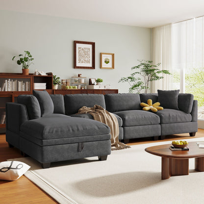 Canapé sectionnel moderne 5 places en U avec pouf de rangement et porte-gobelets dissimulés pour salon d'appartement