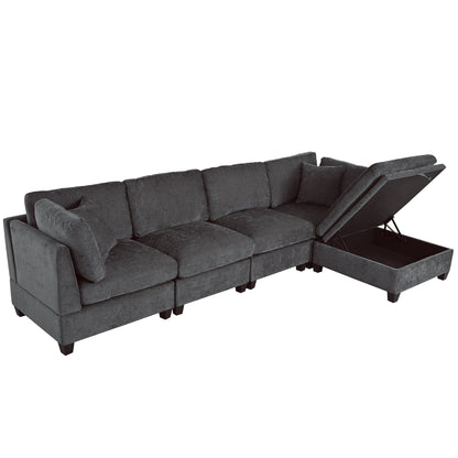 Canapé sectionnel moderne 5 places en U avec pouf de rangement et porte-gobelets dissimulés pour salon d'appartement